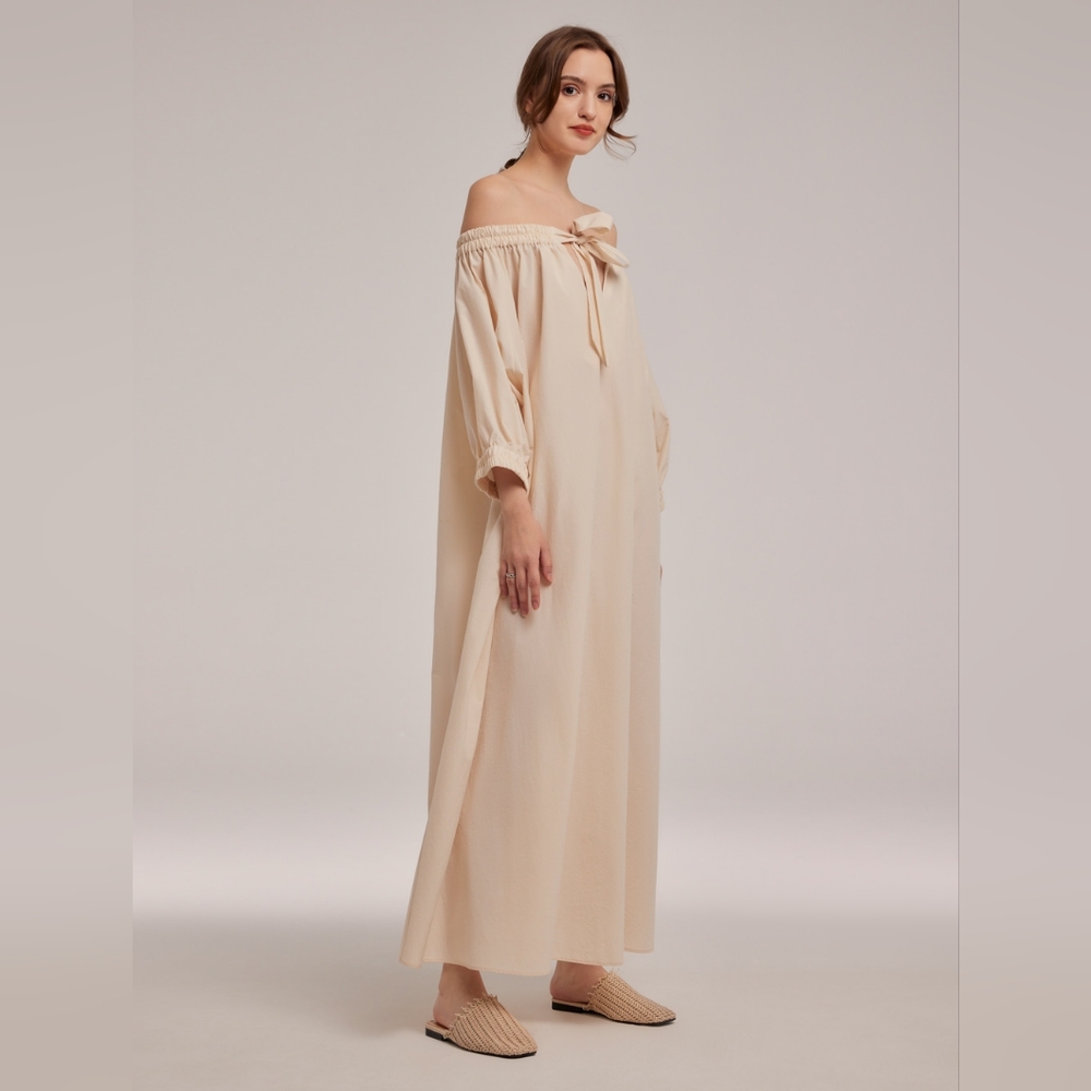 LATTELIER. NWT Maxi Dress With Elastic Neck (Cream) - Picture 2 of 10
